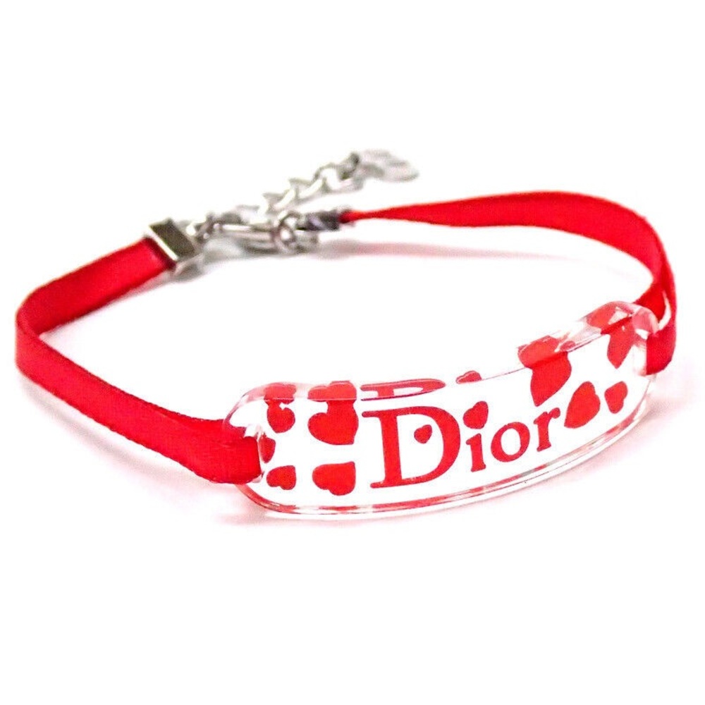AUTH VTG Christian Dior Clear Lucite Red Heart Logo Nameplate Ribbon Bracelet